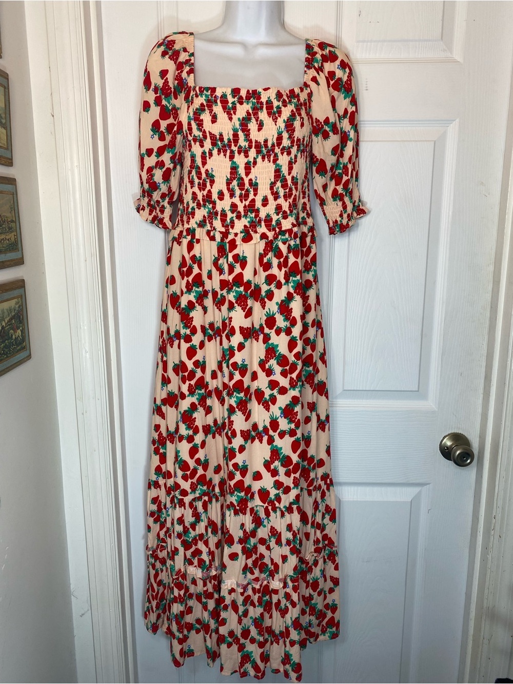 Betsey Johnson M Pink & Red Strawberry Print Maxi Dress